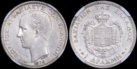 GREECE: 1 Drachma (1874 A) (type I) in silver (0,835). Head of King George I facing left and inscription "ΓΕΩΡΓΙΟΣ Α! ΒΑΣΙΛΕΥΣ ΤΩΝ ΕΛΛΗΝΩΝ" on obverse...