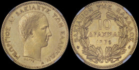 GREECE: 10 Drachmas (1876 A) in gold (0,900). Head of King George I facing right and inscription "ΓΕΩΡΓΙΟΣ Α! ΒΑΣΙΛΕΥΣ ΤΩΝ ΕΛΛΗΝΩΝ" on obverse. Inside...