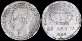 GREECE: 20 Lepta (1883 A) (type I) in silver (0,835). Head of King George I facing left and inscription "ΓΕΩΡΓΙΟΣ Α! ΒΑΣΙΛΕΥΣ ΤΩΝ ΕΛΛΗΝΩΝ" on obverse....