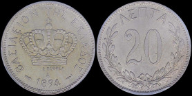 GREECE: 20 Lepta (1894 A) (type II) in copper-nickel. Royal Crown and inscription "ΒΑΣΙΛΕΙΟΝ ΤΗΣ ΕΛΛΑΔΟΣ" on obverse. Inside slab by PCGS "MS 64". Cer...