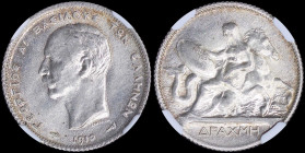 GREECE: 1 Drachma (1910) (type II) in silver (0,835). Mature head (different type) of King George I facing left and inscription "ΓΕΩΡΓΙΟΣ Α! ΒΑΣΙΛΕΥΣ ...