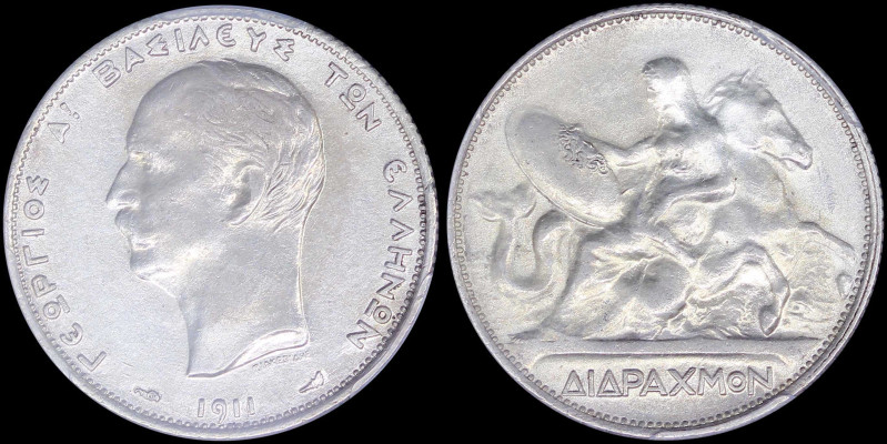 GREECE: 2 Drachmas (1911) (type II) in silver (0,835). Mature head (different ty...