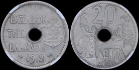 GREECE: 20 Lepta (1912) (type III) in nickel. Royal coat of arms and inscription "ΒΑΣΙΛΕΙΟΝ ΤΗΣ ΕΛΛΑΔΟΣ" on obverse. Athena standing on reverse. Insid...