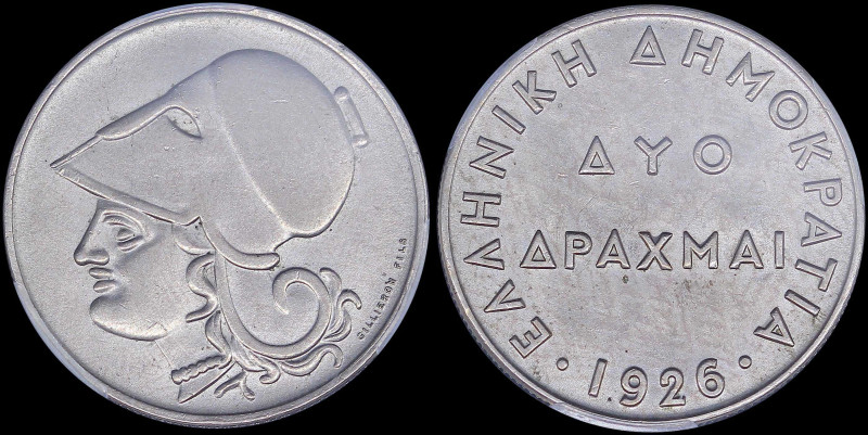 GREECE: 2 Drachmas (1926) in copper-nickel. Goddess Athena facing left on obvers...