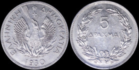 GREECE: 5 Drachmas (1930) in nickel. Phoenix and inscription "ΕΛΛΗΝΙΚΗ ΔΗΜΟΚΡΑΤΙΑ" on obverse. London mint. Inside slab by PCGS "MS 63". Cert number: ...