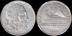 GREECE: 20 Drachmas (1930) in silver (0,500). Head of God Poseidon facing right on obverse. Inside slab by NGC "AU 58". Cert number: 5784770-021. (Hel...