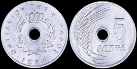 GREECE: Lot composed of 8x 5 Lepta (1954) in aluminum. Royal Crown and inscription "ΒΑΣΙΛΕΙΟΝ ΤΗΣ ΕΛΛΑΔΟΣ" on obverse. (Hellas 183). Uncirculated....