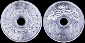 GREECE: 10 Lepta (1954) in aluminum. Royal Crown and inscription "ΒΑΣΙΛΕΙΟΝ ΤΗΣ ΕΛΛΑΔΟΣ" on obverse. Inside slab by PCGS "MS 66". Cert number: 4416860...