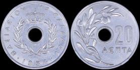 GREECE: 20 Lepta (1954) in aluminum. Royal Crown and inscription "ΒΑΣΙΛΕΙΟΝ ΤΗΣ ΕΛΛΑΔΟΣ" on obverse. Inside slab by NGC "MS 61". Cert number: 5772801-...