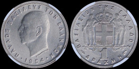 GREECE: 1 Drachma (1954) in copper-nickel. Head of King Paul facing left and inscription "ΠΑΥΛΟΣ ΒΑΣΙΛΕΥΣ ΤΩΝ ΕΛΛΗΝΩΝ" on obverse. Inside slab by NGC ...