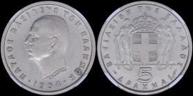 GREECE: 5 Drachmas (1954) in copper-nickel. Head of King Paul facing left and inscription "ΠΑΥΛΟΣ ΒΑΣΙΛΕΥΣ ΤΩΝ ΕΛΛΗΝΩΝ" on obverse. Inside slab by NGC...