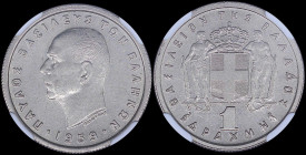 GREECE: 1 Drachma (1959) in copper-nickel. Head of King Paul facing left and inscription "ΠΑΥΛΟΣ ΒΑΣΙΛΕΥΣ ΤΩΝ ΕΛΛΗΝΩΝ" on obverse. Inside slab by NGC ...