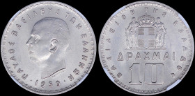 GREECE: 10 Drachmas (1959) in nickel. Head of King Paul facing left and inscription "ΠΑΥΛΟΣ ΒΑΣΙΛΕΥΣ ΤΩΝ ΕΛΛΗΝΩΝ" on obverse. Inside slab by NGC "AU 5...