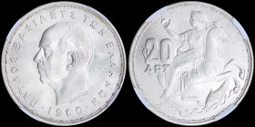 GREECE: 20 Drachmas (1960) in silver (0,835). Head of King Paul facing left and inscription "ΠΑΥΛΟΣ ΒΑΣΙΛΕΥΣ ΤΩΝ ΕΛΛΗΝΩΝ" on obverse. Goddess Moon on ...