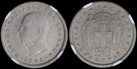 GREECE: 50 Lepta (1964) in copper-nickel. Head of King Paul facing left and inscription "ΠΑΥΛΟΣ ΒΑΣΙΛΕΥΣ ΤΩΝ ΕΛΛΗΝΩΝ" on obverse. Inside slab by NGC "...