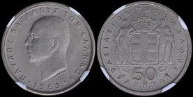 GREECE: 50 Lepta (1965) in copper-nickel. Head of King Paul facing left and inscription "ΠΑΥΛΟΣ ΒΑΣΙΛΕΥΣ ΤΩΝ ΕΛΛΗΝΩΝ" on obverse. Inside slab by NGC "...