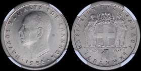 GREECE: 1 Drachma (1965) in copper-nickel. Head of King Paul facing left and inscription "ΠΑΥΛΟΣ ΒΑΣΙΛΕΥΣ ΤΩΝ ΕΛΛΗΝΩΝ" on obverse. Inside slab by NGC ...