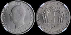 GREECE: 2 Drachmas (1965) in copper-nickel. Head of King Paul facing left and inscription "ΠΑΥΛΟΣ ΒΑΣΙΛΕΥΣ ΤΩΝ ΕΛΛΗΝΩΝ" on obverse. Inside slab by NGC...