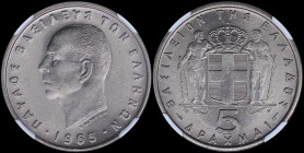 GREECE: 5 Drachmas (1965) in copper-nickel. Head of King Paul facing left and inscription "ΠΑΥΛΟΣ ΒΑΣΙΛΕΥΣ ΤΩΝ ΕΛΛΗΝΩΝ" on obverse. Inside slab by NGC...