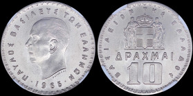 GREECE: 10 Drachmas (1965) in nickel. Head of King Paul facing left and inscription "ΠΑΥΛΟΣ ΒΑΣΙΛΕΥΣ ΤΩΝ ΕΛΛΗΝΩΝ" on obverse. Inside slab by NGC "UNC ...