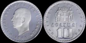 GREECE: 10 Drachmas (1965) in nickel. Head of King Paul facing left and inscription "ΠΑΥΛΟΣ ΒΑΣΙΛΕΥΣ ΤΩΝ ΕΛΛΗΝΩΝ" on obverse. Inside slab by PCGS "PR ...