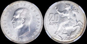 GREECE: 20 Drachmas (1965) in silver (0,835). Head of King Paul facing left and inscription "ΠΑΥΛΟΣ ΒΑΣΙΛΕΥΣ ΤΩΝ ΕΛΛΗΝΩΝ" on obverse. Goddess Moon on ...