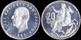 GREECE: 20 Drachmas (1965) in silver (0,835). Head of King Paul facing left and inscription "ΠΑΥΛΟΣ ΒΑΣΙΛΕΥΣ ΤΩΝ ΕΛΛΗΝΩΝ" on obverse. Goddess Moon on ...