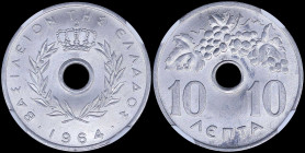 GREECE: 10 Lepta (1964) in aluminum. Royal Crown and inscription "ΒΑΣΙΛΕΙΟΝ ΤΗΣ ΕΛΛΑΔΟΣ" on obverse. Inside slab by NGC "MS 65". Cert number: 5779909-...