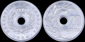 GREECE: 20 Lepta (1964) in aluminum. Royal Crown and inscription "ΒΑΣΙΛΕΙΟΝ ΤΗΣ ΕΛΛΑΔΟΣ" on obverse. Inside slab by PCGS "MS 67". Cert number: 1454737...