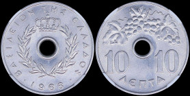 GREECE: 10 Lepta (1966) in aluminum. Royal Crown and inscription "ΒΑΣΙΛΕΙΟΝ ΤΗΣ ΕΛΛΑΔΟΣ" on obverse. Inside slab by NGC "MS 66". Cert number: 5779887-...