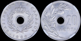 GREECE: 20 Lepta (1966) (type I) in aluminum. Royal Crown and inscription "ΒΑΣΙΛΕΙΟΝ ΤΗΣ ΕΛΛΑΔΟΣ" on obverse. Inside slab by NGC "MS 65". Cert number:...