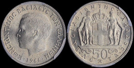 GREECE: 50 Lepta (1966) (type I) in copper-nickel. Head of King Constantine II facing left and inscription "ΚΩΝCΤΑΝΤΙΝΟC ΒΑCΙΛΕΥC ΤΩΝ ΕΛΛΗΝΩΝ" on obve...