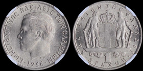 GREECE: 1 Drachma (1966) (type I) in copper-nickel. Head of King Constantine II facing left and inscription "ΚΩΝCΤΑΝΤΙΝΟC ΒΑCΙΛΕΥC ΤΩΝ ΕΛΛΗΝΩΝ" on obv...