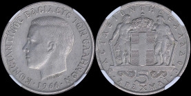 GREECE: 5 Drachmas (1966) (type I) in copper-nickel. Head of King Constantine II facing left and inscription "ΚΩΝCΤΑΝΤΙΝΟC ΒΑCΙΛΕΥC ΤΩΝ ΕΛΛΗΝΩΝ" on ob...