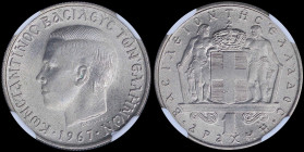 GREECE: 1 Drachma (1967) (type I) in copper-nickel. Head of King Constantine II facing left and inscription "ΚΩΝCΤΑΝΤΙΝΟC ΒΑCΙΛΕΥC ΤΩΝ ΕΛΛΗΝΩΝ" on obv...
