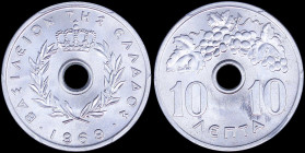 GREECE: 10 Lepta (1969) (type I) in aluminum. Royal Crown and inscription "ΒΑΣΙΛΕΙΟΝ ΤΗΣ ΕΛΛΑΔΟΣ" on obverse. Inside slab by PCGS "MS 67". Cert number...