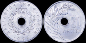 GREECE: 20 Lepta (1969) (type I) in aluminum. Royal Crown and inscription "ΒΑΣΙΛΕΙΟΝ ΤΗΣ ΕΛΛΑΔΟΣ" on obverse. Inside slab by PCGS "MS 66". Cert number...