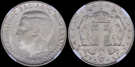 GREECE: 2 Drachmas (1970) (type I) in copper-nickel. Head of King Constantine II facing left and inscription "ΚΩΝCΤΑΝΤΙΝΟC ΒΑΣΙΛΕΥC ΤΩΝ ΕΛΛΗΝΩΝ" on ob...