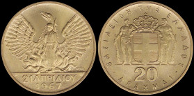 GREECE: 20 Drachmas (1970) in gold (0,900) commemorating the April 21st 1967. Phoenix and soldier on obverse. (Hellas 240). Uncirculated.
