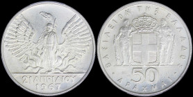 GREECE: 50 Drachmas (1970) in silver (0,900) commemorating the April 21st 1967. Phoenix and soldier on obverse. Inside slab by PCGS "MS 66 / 1967 Revo...