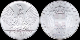 GREECE: 100 Drachmas (1970) (type I) in silver (0,900) commemorating the April 21st 1967. Phoenix and soldier on obverse. Tiny strike at bottom on rev...