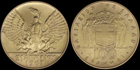 GREECE: 100 Drachmas (1970) (type II) in gold (0,900) commemorating the April 21st 1967. Phoenix and soldier on obverse. Small surface hairline on the...