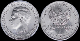 GREECE: 1 Drachma (1971) (type II) in copper-nickel. Head of King Constantine II facing left and inscription "ΚΩΝCΤΑΝΤΙΝΟC ΒΑCΙΛΕΥC ΤΩΝ ΕΛΛΗΝΩΝ" on ob...