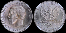 GREECE: 2 Drachmas (1973) (type II) in copper-nickel. Head of King Constantine II facing left and inscription "ΚΩΝCΤΑΝΤΙΝΟC ΒΑCΙΛΕΥC ΤΩΝ ΕΛΛΗΝΩΝ" on o...