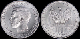 GREECE: 10 Drachmas (1973) (type II) in copper-nickel. Head of King Constantine II facing left and inscription "ΚΩΝCΤΑΝΤΙΝΟC ΒΑCΙΛΕΥC ΤΩΝ ΕΛΛΗΝΩΝ" on ...