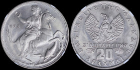 GREECE: 20 Drachmas (1973) in copper-nickel. Goddess Moon on horseback on obverse. Variety: Narrow rim. Inside slab by NGC "MS 66 / NARROW RIM". Cert ...