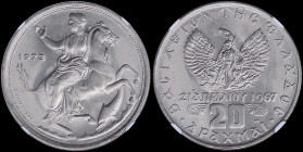 GREECE: 20 Drachmas (1973) in copper-nickel. Goddess Moon on horseback on obverse. Variety: There is a break in the continuity of the wave surrounding...