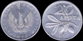 GREECE: 20 Lepta (1973) in aluminum. Phoenix and inscription "ΕΛΛΗΝΙΚΗ ΔΗΜΟΚΡΑΤΙΑ" on obverse. Inside slab by PCGS "MS 66". Cert number: 42571014. (He...