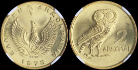 GREECE: 2 Drachmas (1973) in copper-zinc. Phoenix and inscription "ΕΛΛΗΝΙΚΗ ΔΗΜΟΚΡΑΤΙΑ" on obverse. Owl on reverse. Inside slab by NGC "MS 66 / REPUBL...