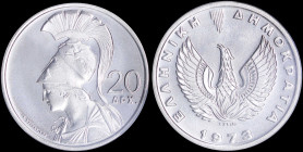 GREECE: 20 Drachmas (1973) in copper-nickel. Phoenix and inscription "ΕΛΛΗΝΙΚΗ ΔΗΜΟΚΡΑΤΙΑ" on obverse. Helmeted Goddess Athena facing left on reverse....